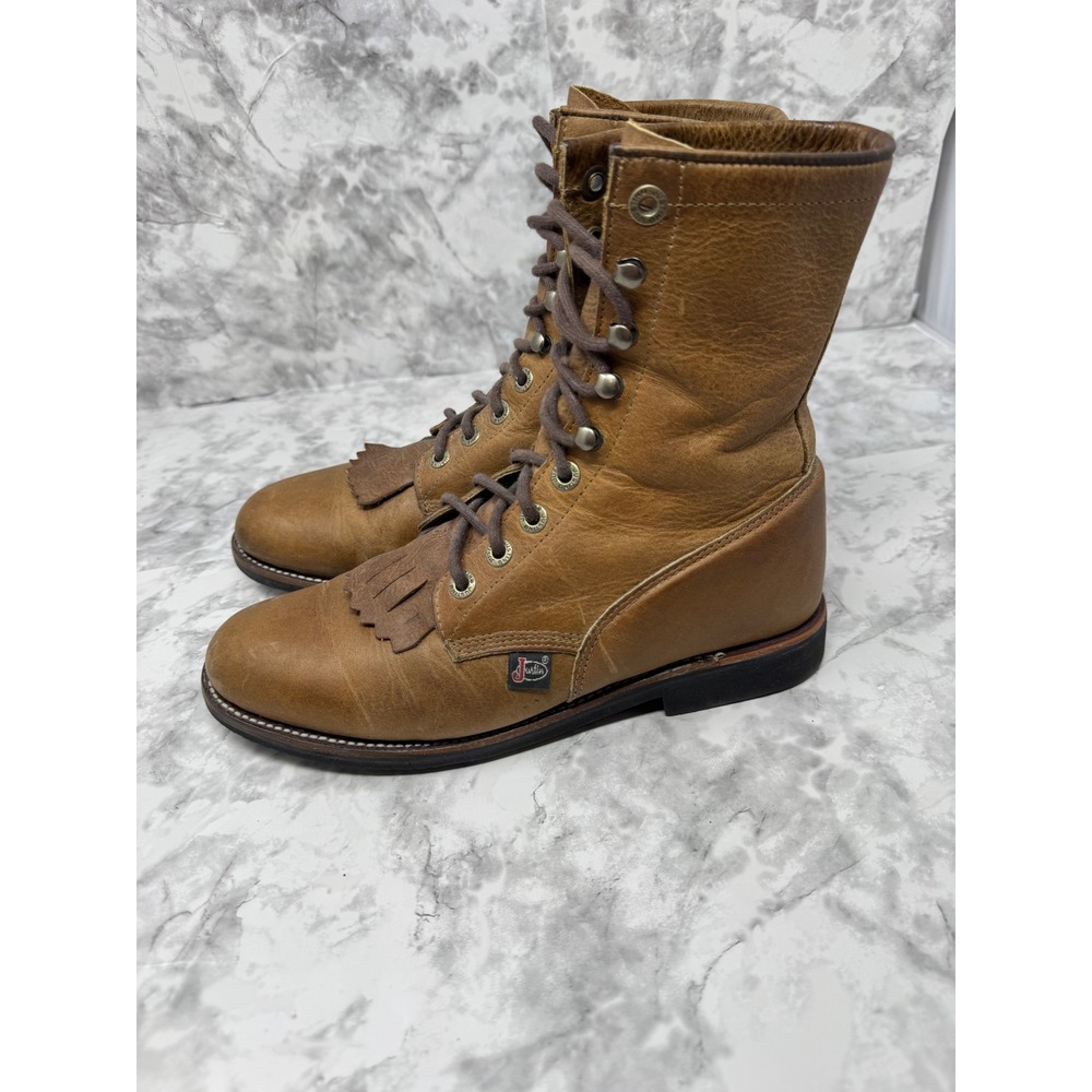 Justin Boots 🦋🤎🦋 Tan Leather Lace Up Kiltie Western festival boots -7 - Picture 6 of 8
